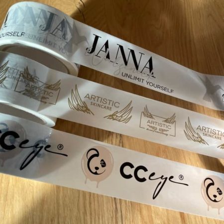 Ruban adhésif / ruban pour paquets / imprimé avec logo / PVC / or - argent / 36 rouleaux