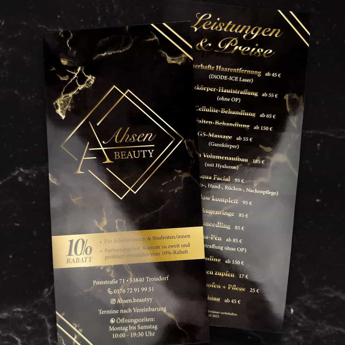 Dépliant / Liste de prix / Dépliant d'ouverture avec vernis brillant / 2 pages