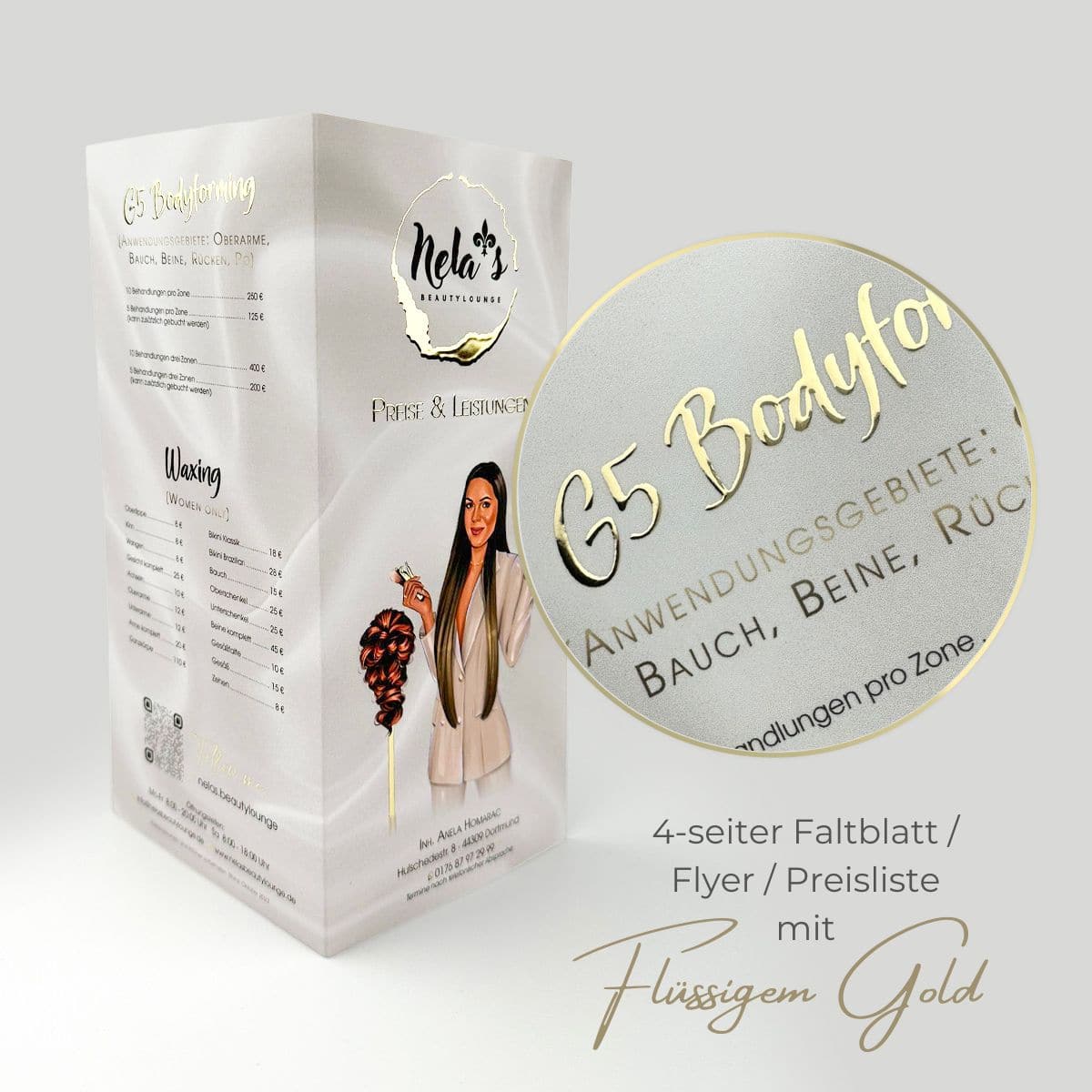 Dépliant / flyer exclusif de 4 pages avec de l'or ou de l'argent liquide – Image 3